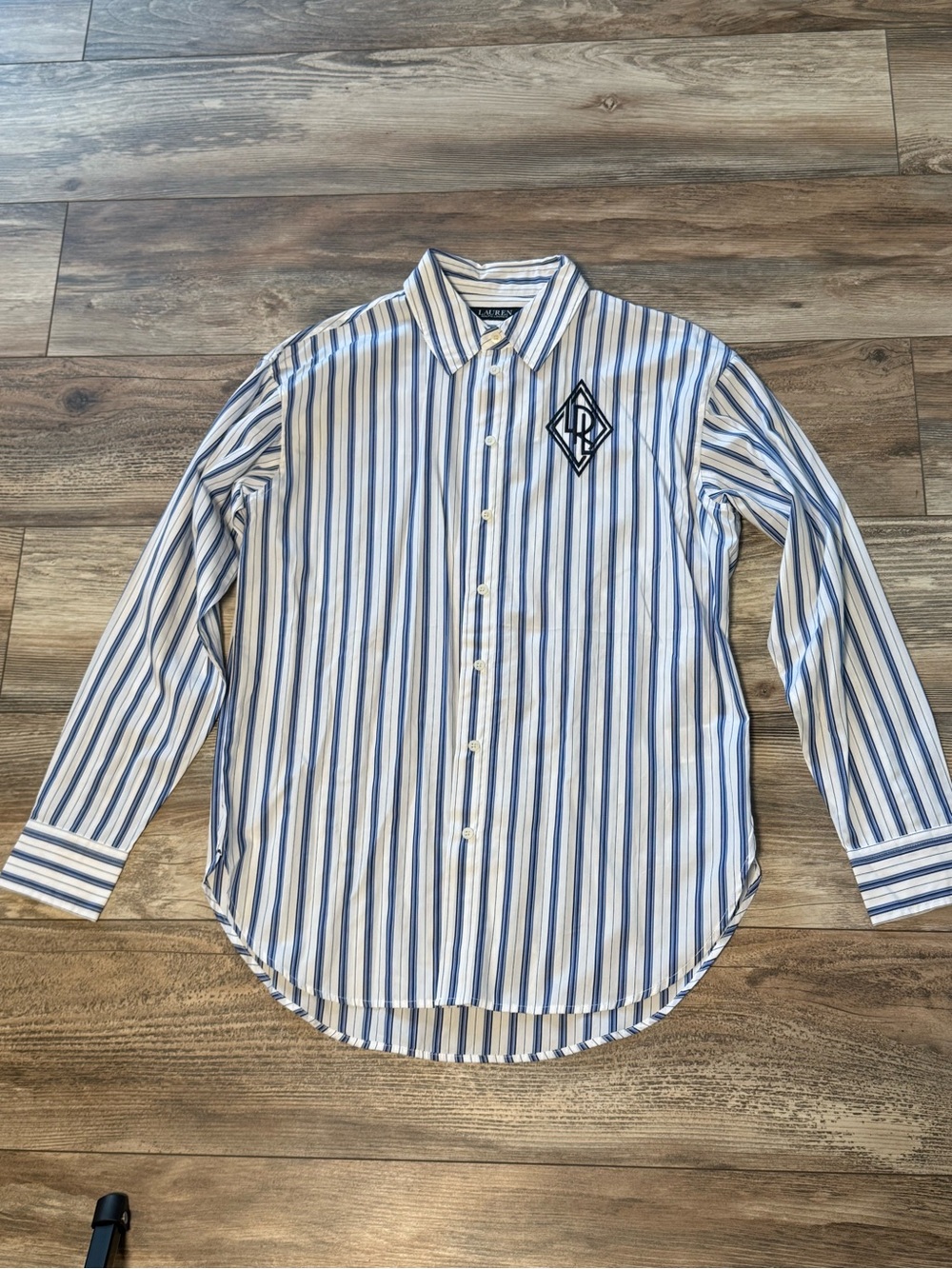 Ralph Lauren Blue and White Striped Button-Down Shirt with Monogram Patch